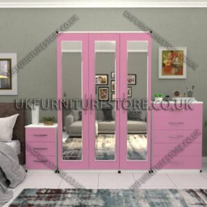 Front Pink Side White 3 Door Wardrobe Set With 3 Mirrors and Chest Drawers
