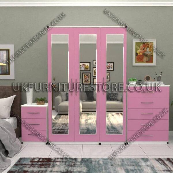 Front Pink Side White 3 Door Wardrobe Set With 3 Mirrors and Chest Drawers
