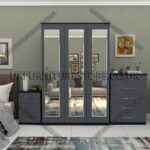 Front Gray Side Black 3 Door Wardrobe Set With 3 Mirrors and Chest Drawers