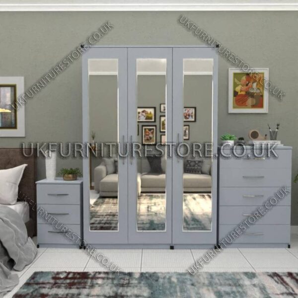 Silver 3 Door Wardrobe Set With 3 Mirrors and Chest Drawers