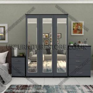 Front Gray Side Black 3 Door Wardrobe Set With 3 Mirrors and Chest Drawers