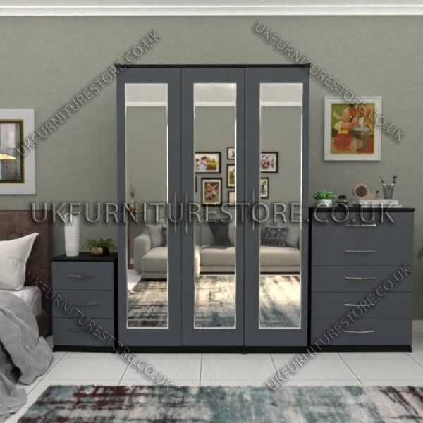 Front Gray Side Black 3 Door Wardrobe Set With 3 Mirrors and Chest Drawers