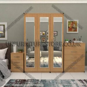 Beech 3 Door Wardrobe Set With 3 Mirrors and Chest Drawers
