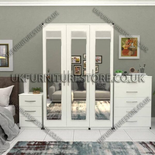White 3 Door Wardrobe Set With 3 Mirrors and Chest Drawers