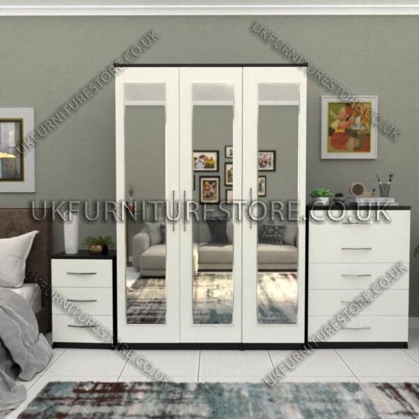 Front White Side Black 3 Door Wardrobe Set With 3 Mirrors and Chest Drawers
