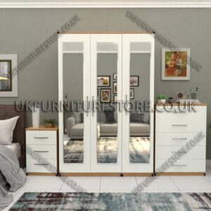 Front White Side Oak 3 Door Wardrobe Set With 3 Mirrors and Chest Drawers