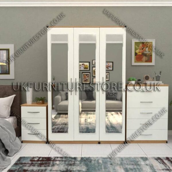 Front White Side Oak 3 Door Wardrobe Set With 3 Mirrors and Chest Drawers
