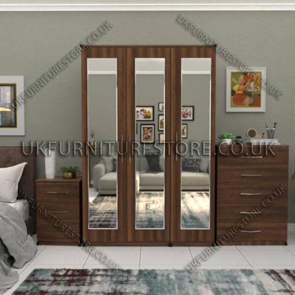 Walnut 3 Door Wardrobe Set With 3 Mirrors and Chest Drawers