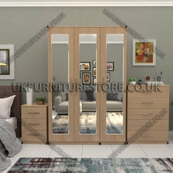 Oak 3 Door Wardrobe Set With 3 Mirrors and Chest Drawers