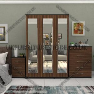Front Walnut Side Black 3 Door Wardrobe Set With 3 Mirrors and Chest Drawers