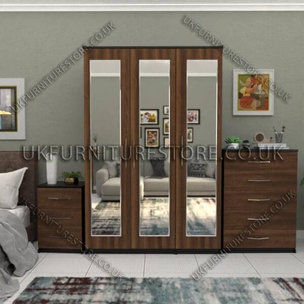 Front Walnut Side Black 3 Door Wardrobe Set With 3 Mirrors and Chest Drawers