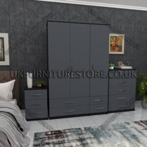 Front Gray Side Black 3 Door Wardrobe Set With 4 Bottom Drawers