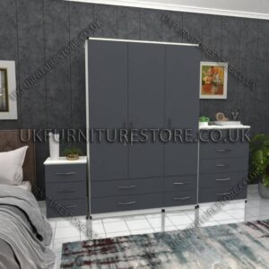 Front Gray Side White 3 Door Wardrobe Set With 4 Bottom Drawers