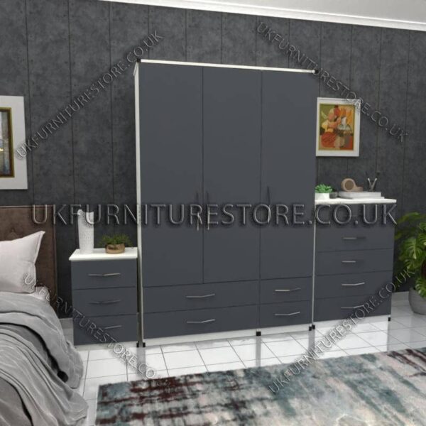 Front Gray Side White 3 Door Wardrobe Set With 4 Bottom Drawers