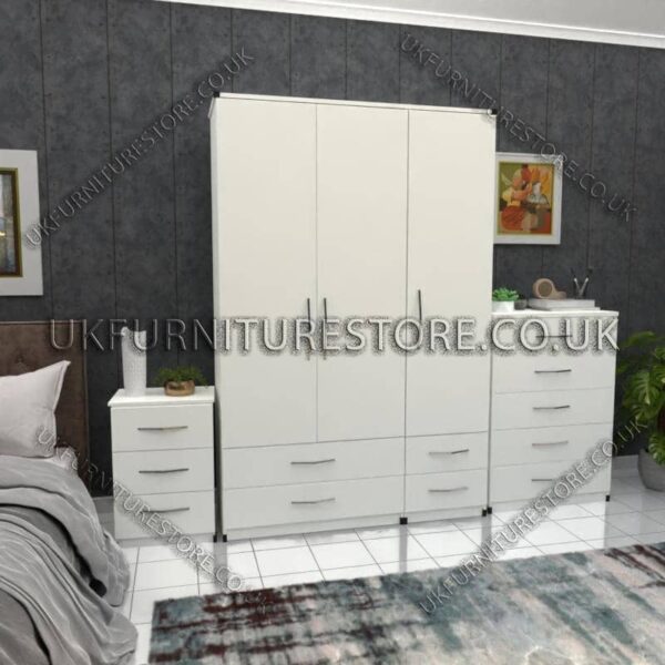 White 3 Door Wardrobe Set With 4 Bottom Drawers