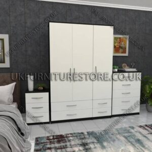 Front White Side Black 3 Door Wardrobe Set With 4 Bottom Drawers