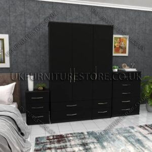 Black 3 Door Wardrobe Set With 4 Bottom Drawers