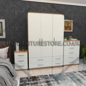 Front White Side Oak 3 Door Wardrobe Set With 4 Bottom Drawers
