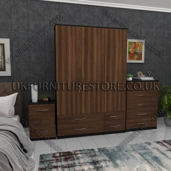 Front Walnut Side Black 3 Door Wardrobe Set With 4 Bottom Drawers