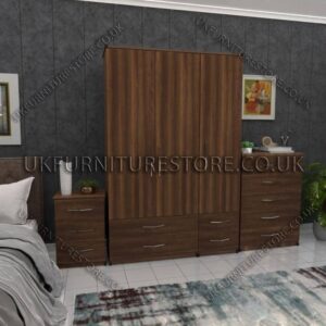 Walnut 3 Door Wardrobe Set With 4 Bottom Drawers