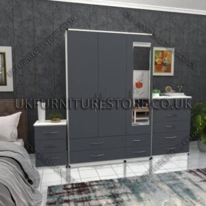 Front Gray Side White 3 Door Wardrobe Set With 1 Mirror and 4 Bottom Drawers