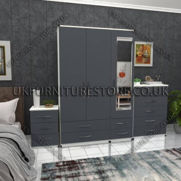 Front Gray Side White 3 Door Wardrobe Set With 1 Mirror and 4 Bottom Drawers
