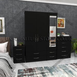 Black 3 Door Wardrobe Set With 1 Mirror and 4 Bottom Drawers