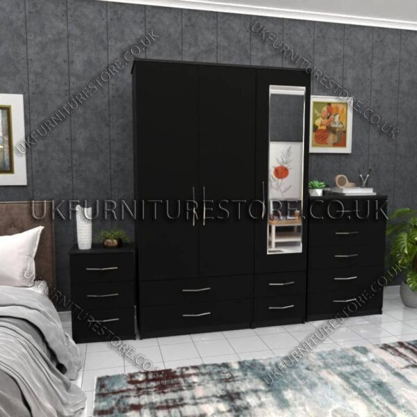 Black 3 Door Wardrobe Set With 1 Mirror and 4 Bottom Drawers