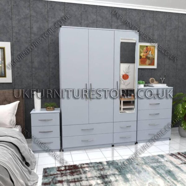 Silver 3 Door Wardrobe Set With 1 Mirror and 4 Bottom Drawers