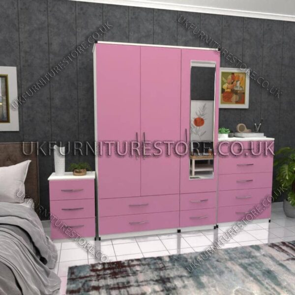 Front Pink Side White 3 Door Wardrobe Set With 1 Mirror and 4 Bottom Drawers