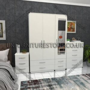 White 3 Door Wardrobe Set With 1 Mirror and 4 Bottom Drawers