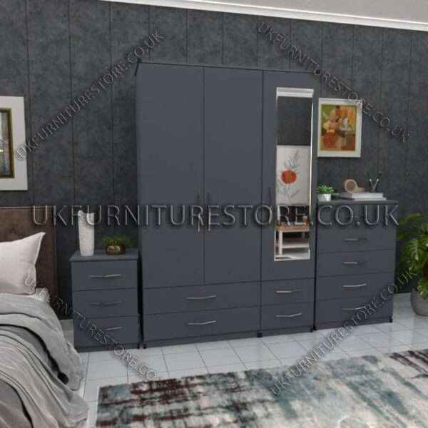 Gray 3 Door Wardrobe Set With 1 Mirror and 4 Bottom Drawers