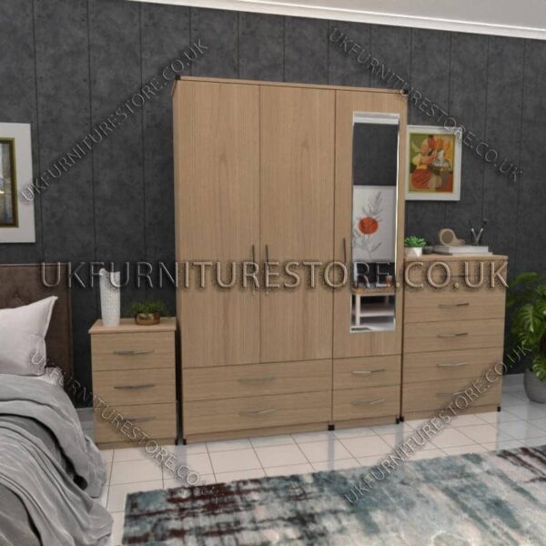 Oak 3 Door Wardrobe Set With 1 Mirror and 4 Bottom Drawers