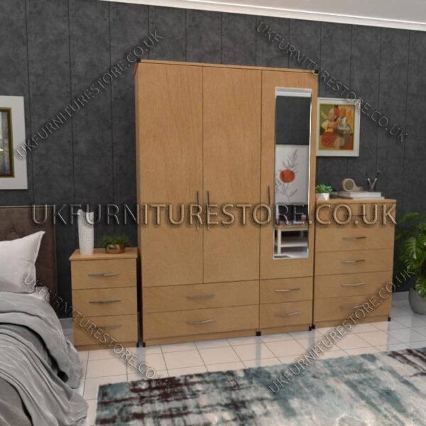 Beech 3 Door Wardrobe Set With 1 Mirror and 4 Bottom Drawers