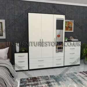 Front White Side Black 3 Door Wardrobe Set With 1 Mirror and 4 Bottom Drawers