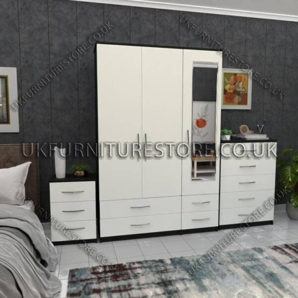 Front White Side Black 3 Door Wardrobe Set With 1 Mirror and 4 Bottom Drawers