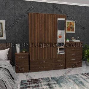 Walnut 3 Door Wardrobe Set With 1 Mirror and 4 Bottom Drawers