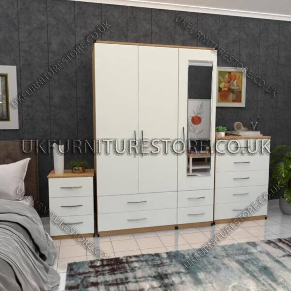 Front White Side Oak 3 Door Wardrobe Set With 1 Mirror and 4 Bottom Drawers