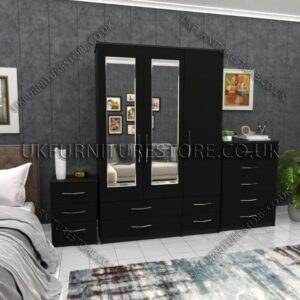 Black 3 Door Wardrobe Set With 2 Mirrors and 4 Bottom Drawers