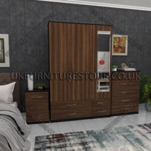 Front Walnut Side Black 3 Door Wardrobe Set With 1 Mirror and 4 Bottom Drawers