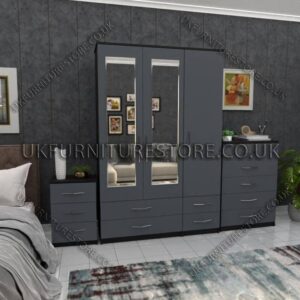 Front Gray Side Black 3 Door Wardrobe Set With 2 Mirrors and 4 Bottom Drawers