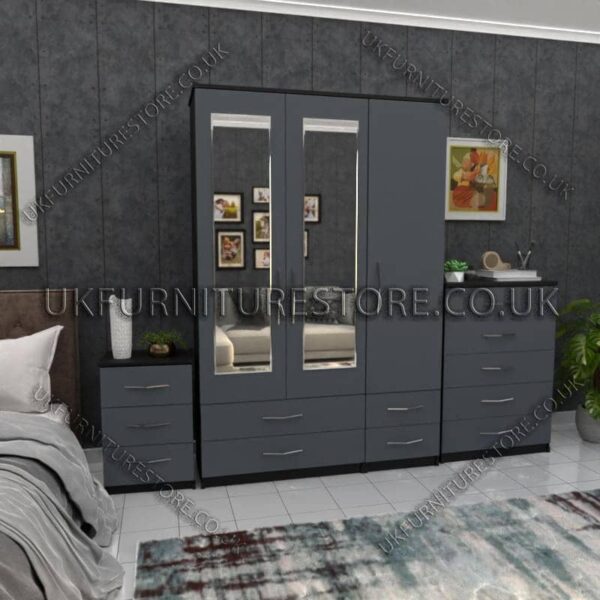Front Gray Side Black 3 Door Wardrobe Set With 2 Mirrors and 4 Bottom Drawers