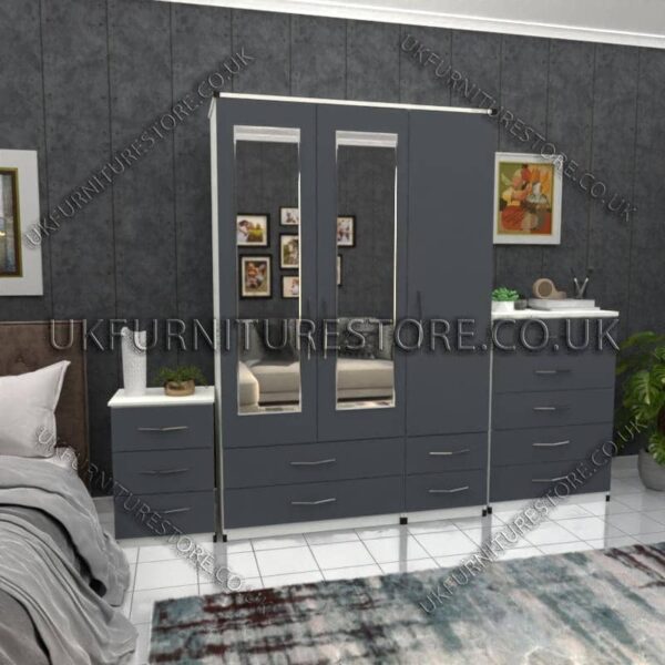 Front Gray Side White 3 Door Wardrobe Set With 2 Mirrors and 4 Bottom Drawers