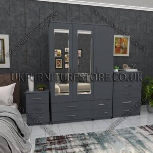 Gray 3 Door Wardrobe Set With 2 Mirrors and 4 Bottom Drawers