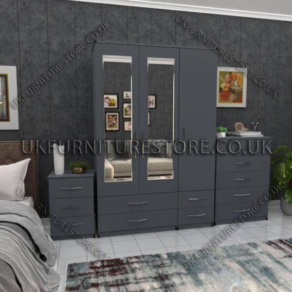 Gray 3 Door Wardrobe Set With 2 Mirrors and 4 Bottom Drawers