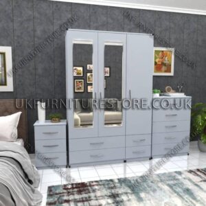Silver 3 Door Wardrobe Set With 2 Mirrors and 4 Bottom Drawers
