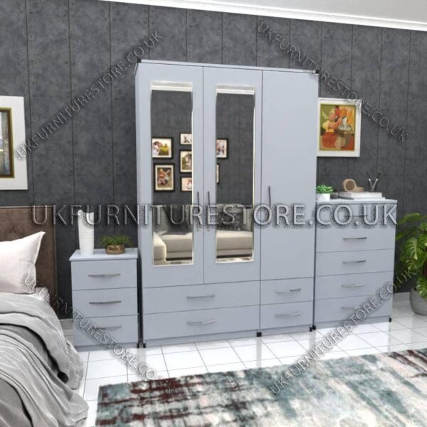 Silver 3 Door Wardrobe Set With 2 Mirrors and 4 Bottom Drawers