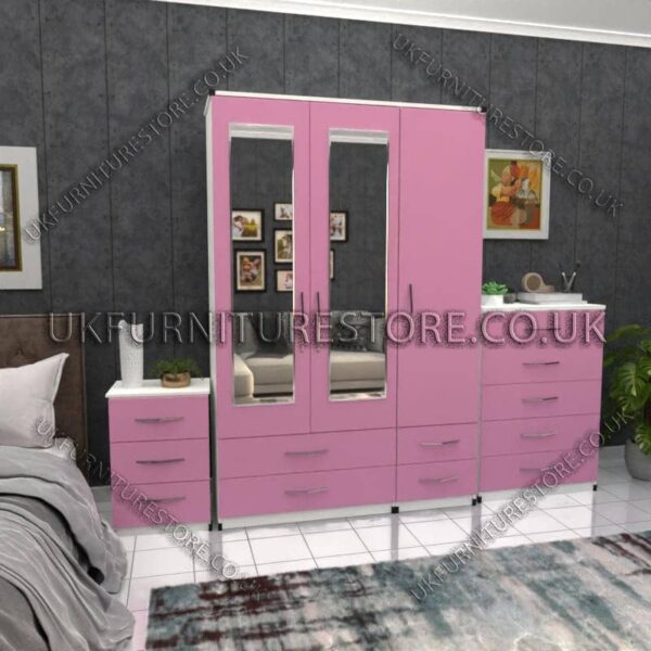 Front Pink Side White 3 Door Wardrobe Set With 2 Mirrors and 4 Bottom Drawers