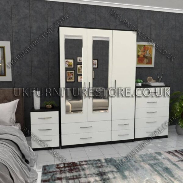 Front White Side Black 3 Door Wardrobe Set With 2 Mirrors and 4 Bottom Drawers