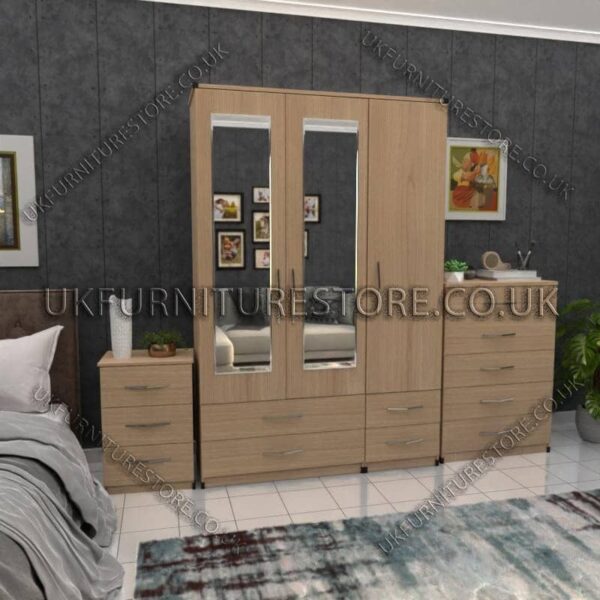 Oak 3 Door Wardrobe Set With 2 Mirrors and 4 Bottom Drawers